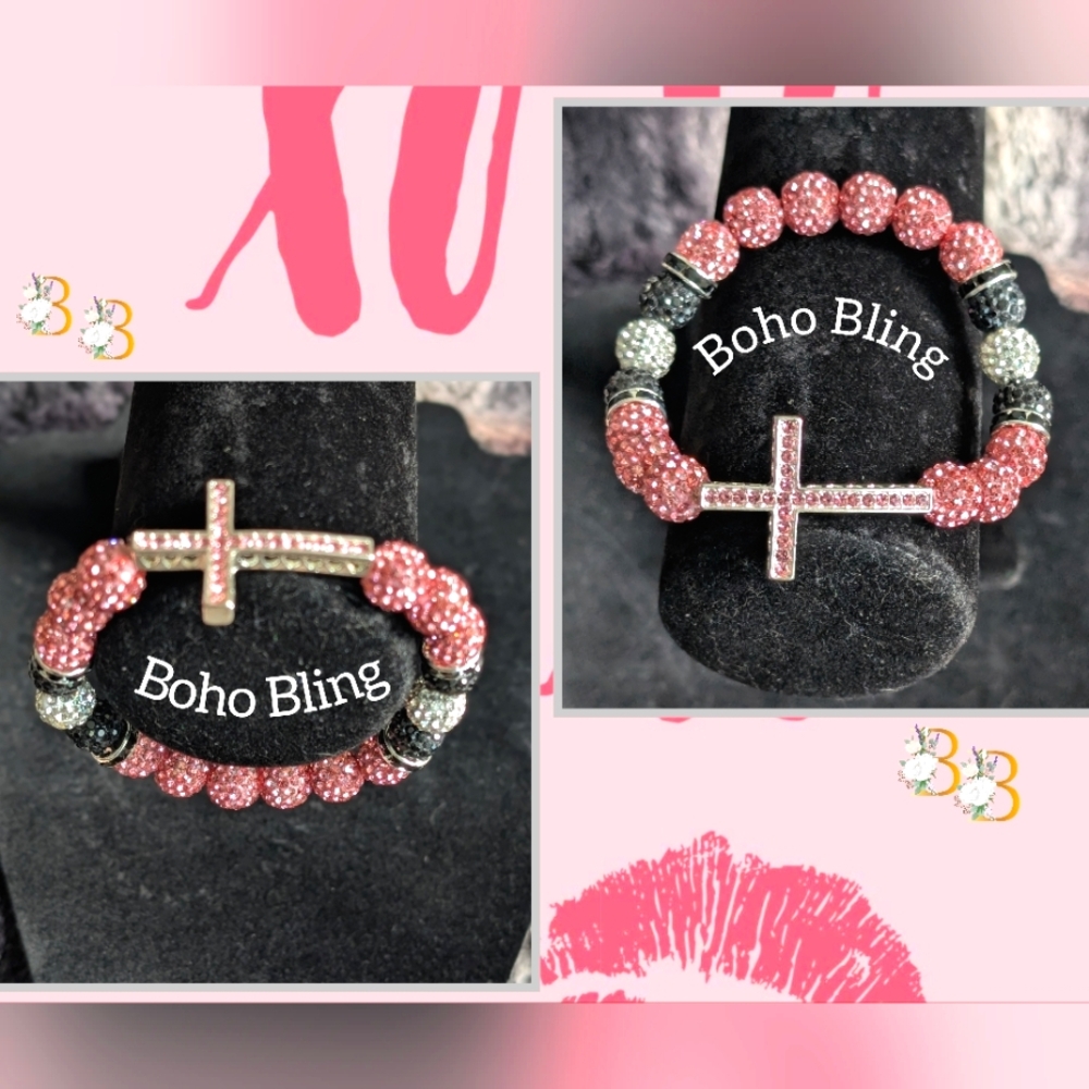 Boho Bling Pink Beaded Cross Bracelet